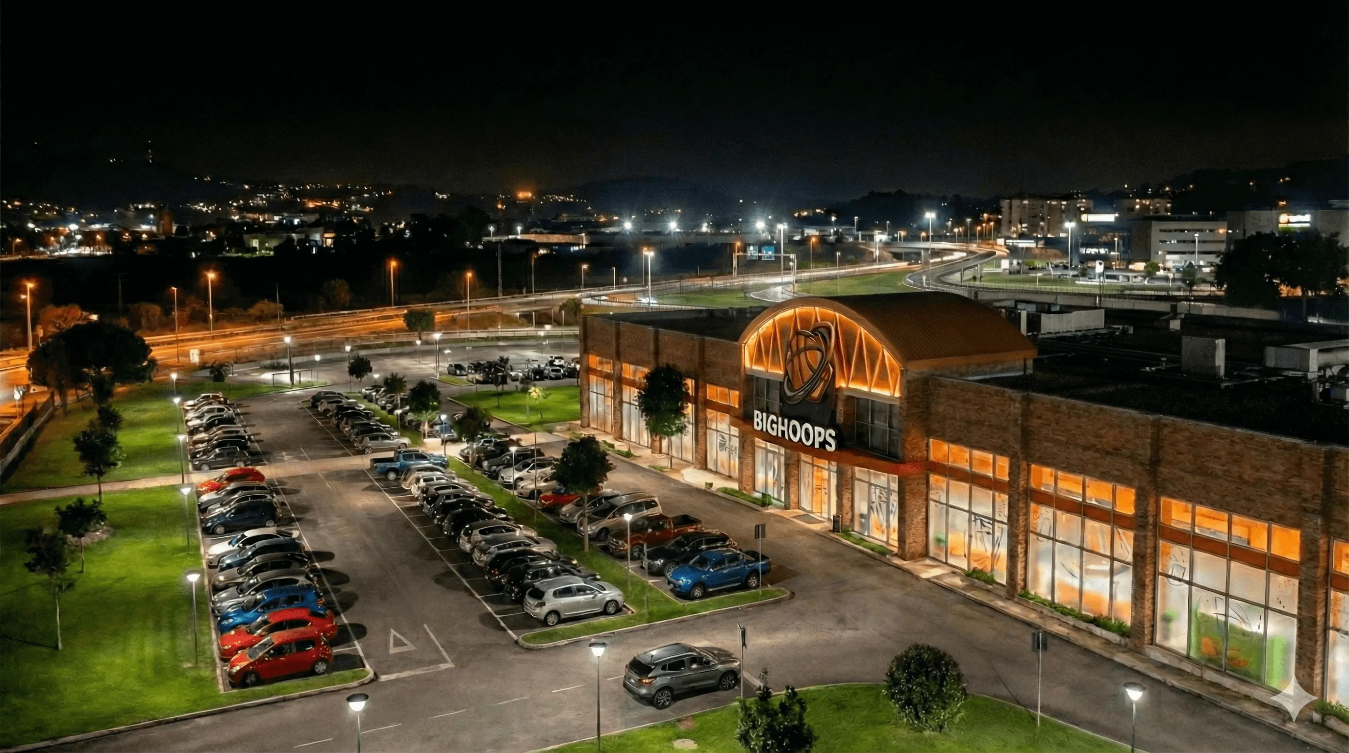 Exterior rendering of a BigHoops dedicated entertainment facility at night
